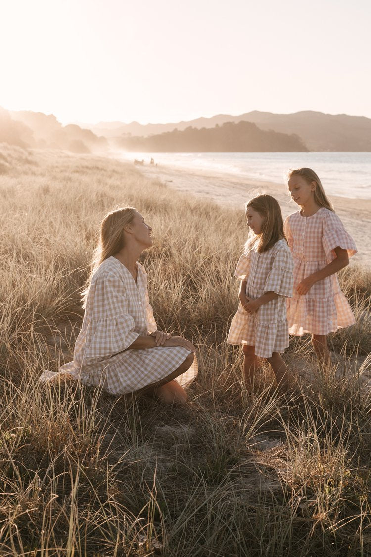Gingham Summer Linen Dress Latte