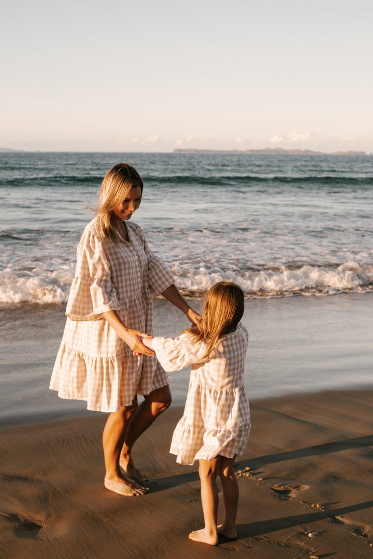 Gingham Summer Linen Dress Latte