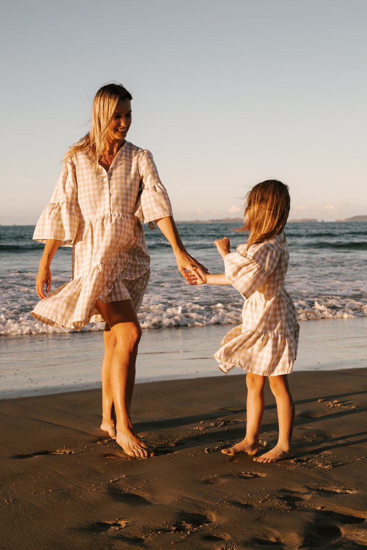 Gingham Summer Linen Dress Latte