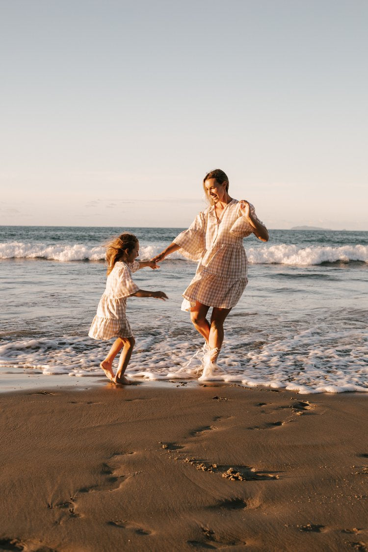 Gingham Summer Linen Dress Latte