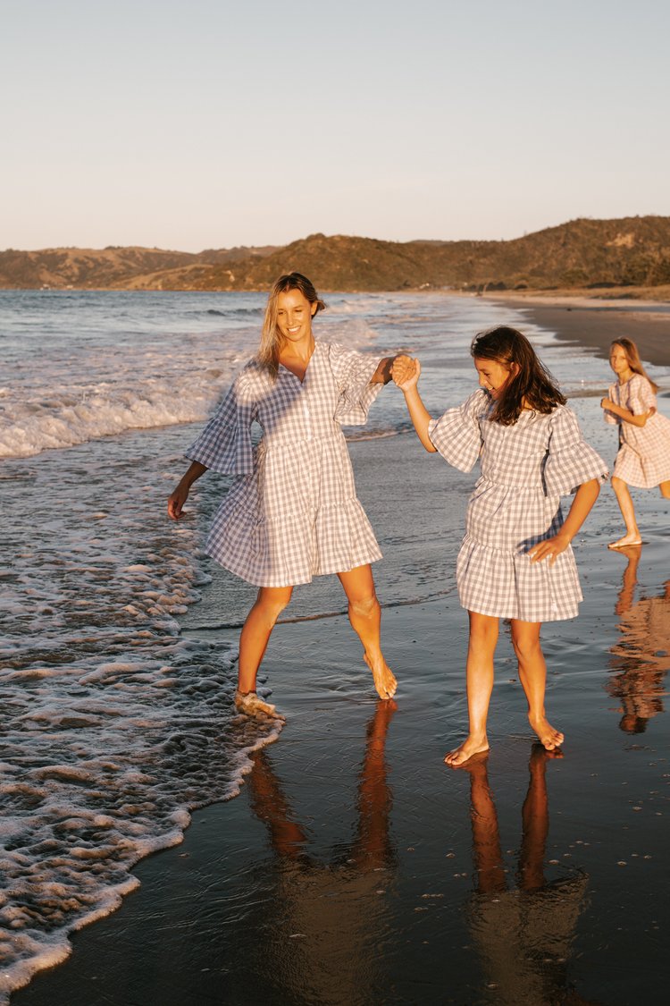 Womens Linen Gingham Dress Baby Blue