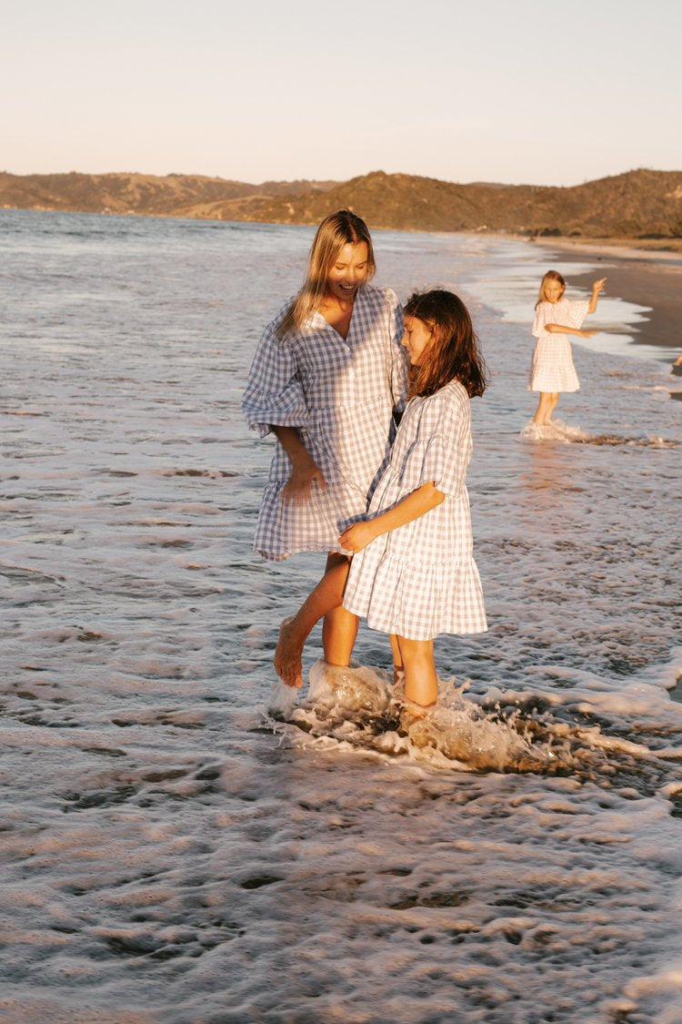 Womens Linen Gingham Dress Baby Blue