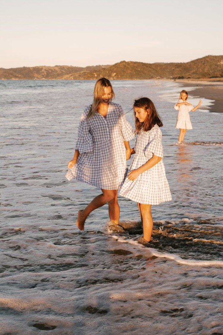 Womens Linen Gingham Dress Baby Blue