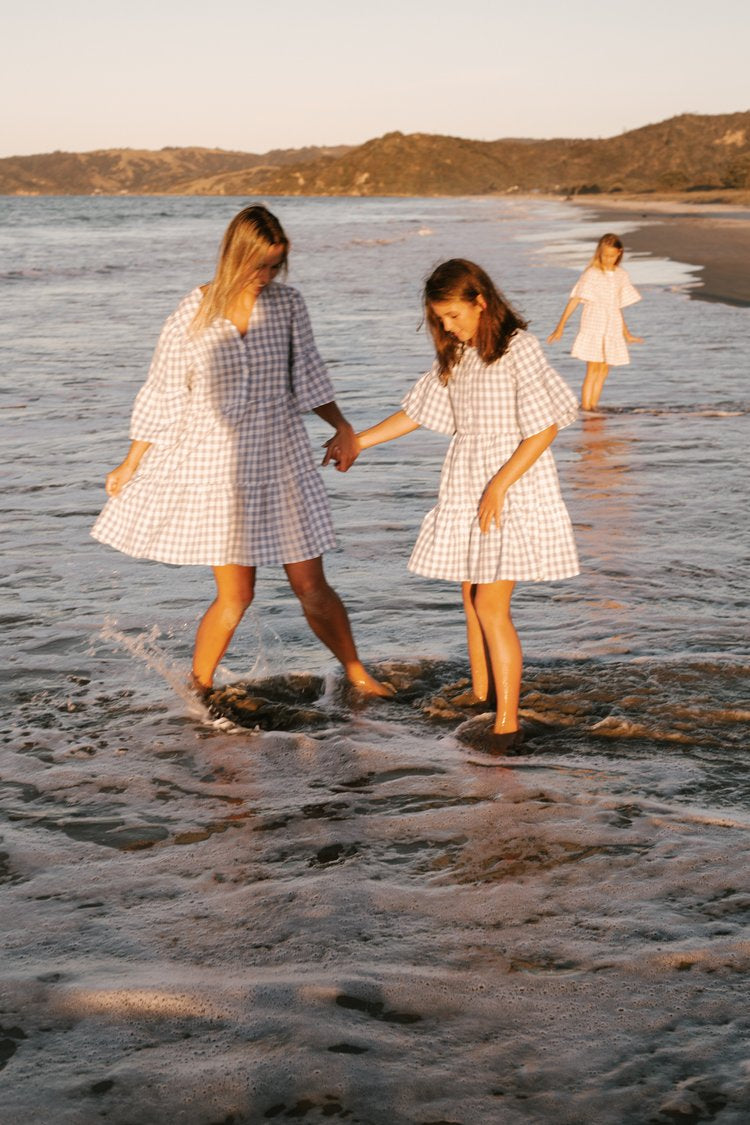 Womens Linen Gingham Dress Baby Blue
