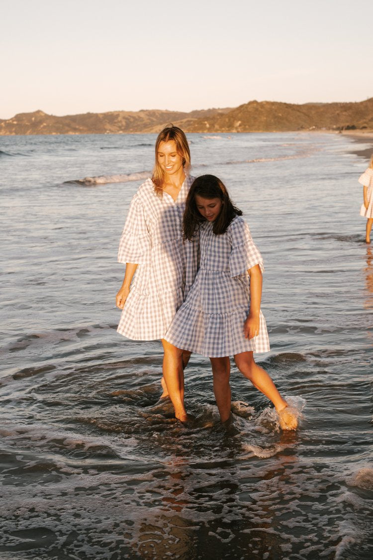 Womens Linen Gingham Dress Baby Blue