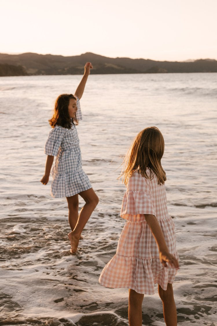 Gingham Summer Linen Dress Baby Blue