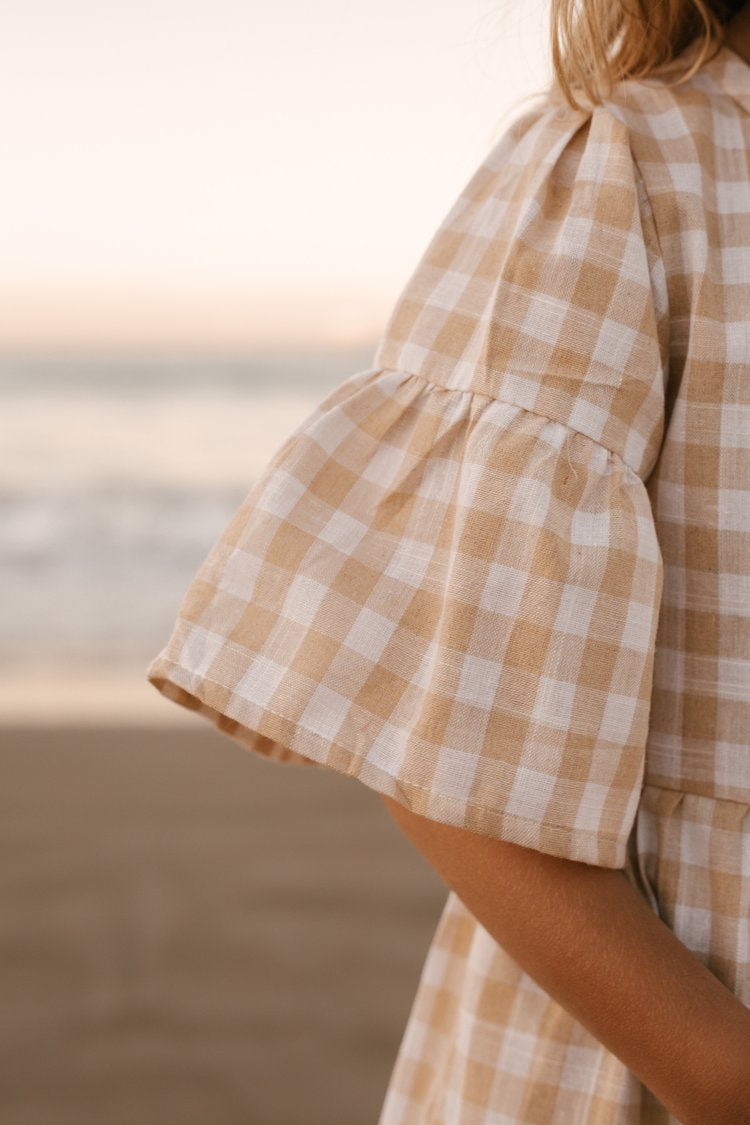 Gingham Summer Linen Dress Latte