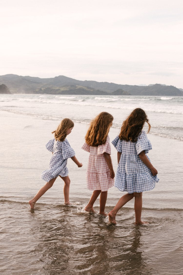 Gingham Summer Linen Dress Baby Blue