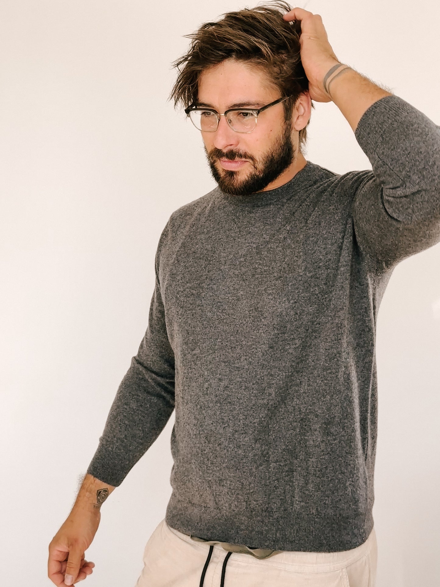 Storm Grey Mens Pure Cashmere Crew Neck Jumper