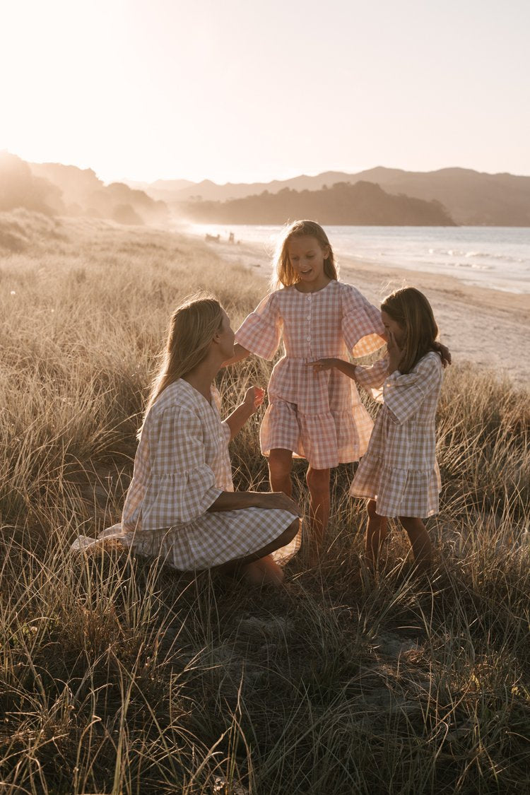 Womens Linen Gingham Dress Latte