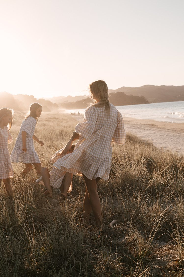 Womens Linen Gingham Dress Latte