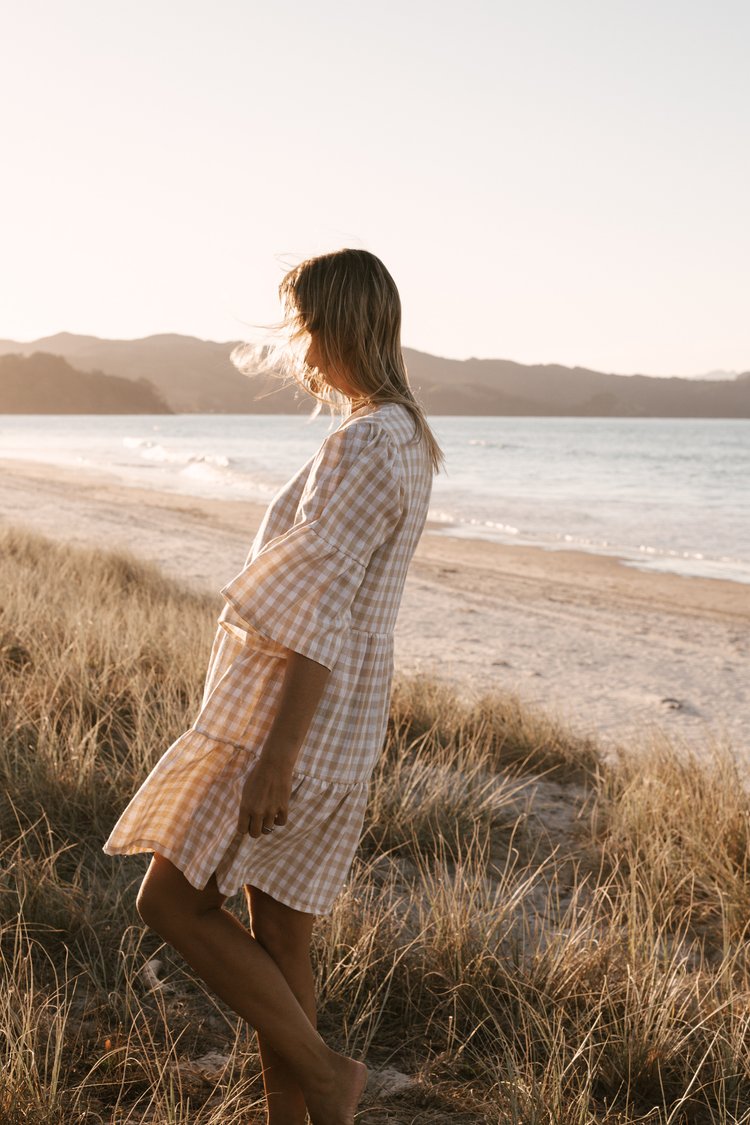 Womens Linen Gingham Dress Latte