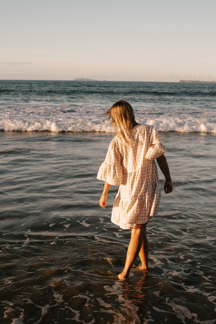 Womens Linen Gingham Dress Latte