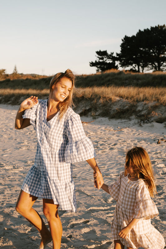 Womens Linen Gingham Dress Baby Blue