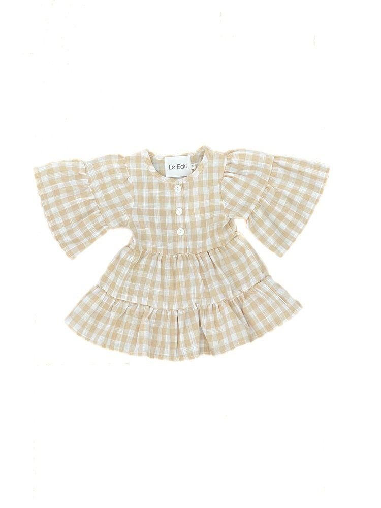 Gingham Summer Linen Dress Latte