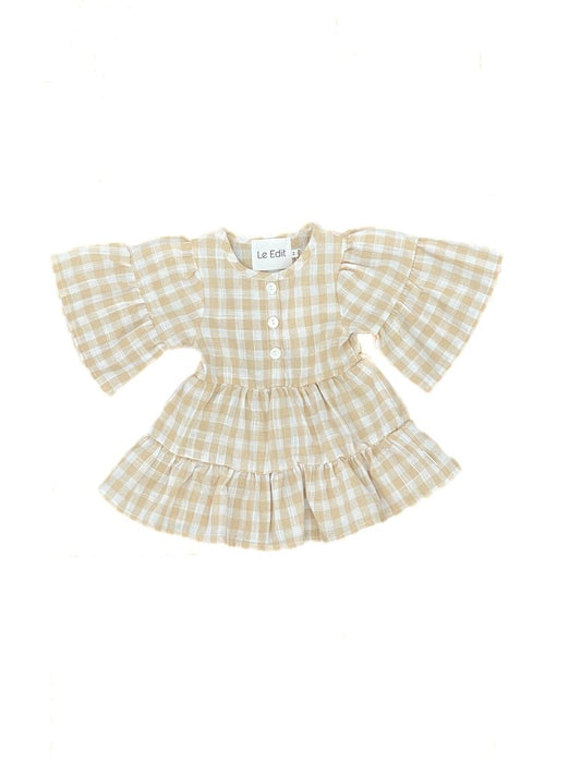 Gingham Summer Linen Dress Latte