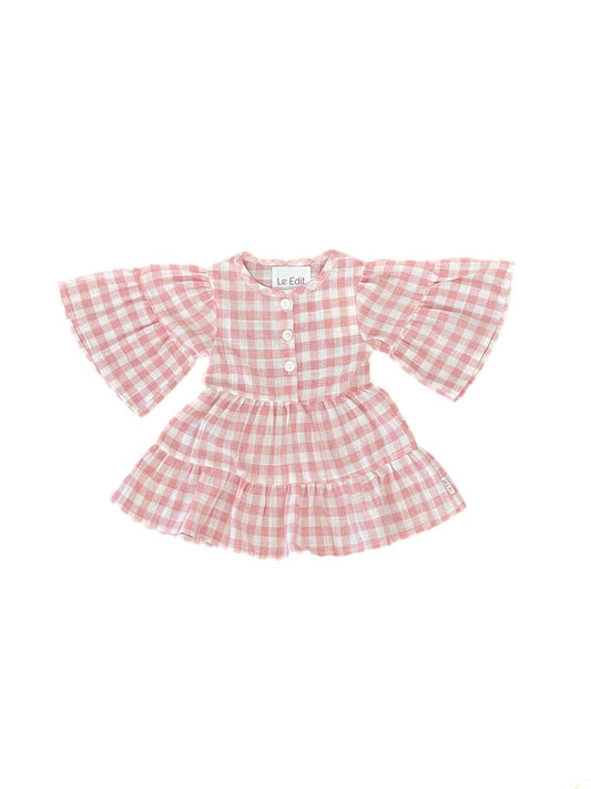 Gingham Summer Linen Dress Candy Pink